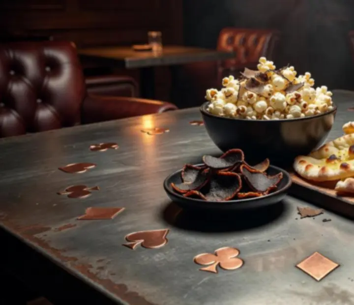 Gourmet cardroom snacks including truffled popcorn and crisps