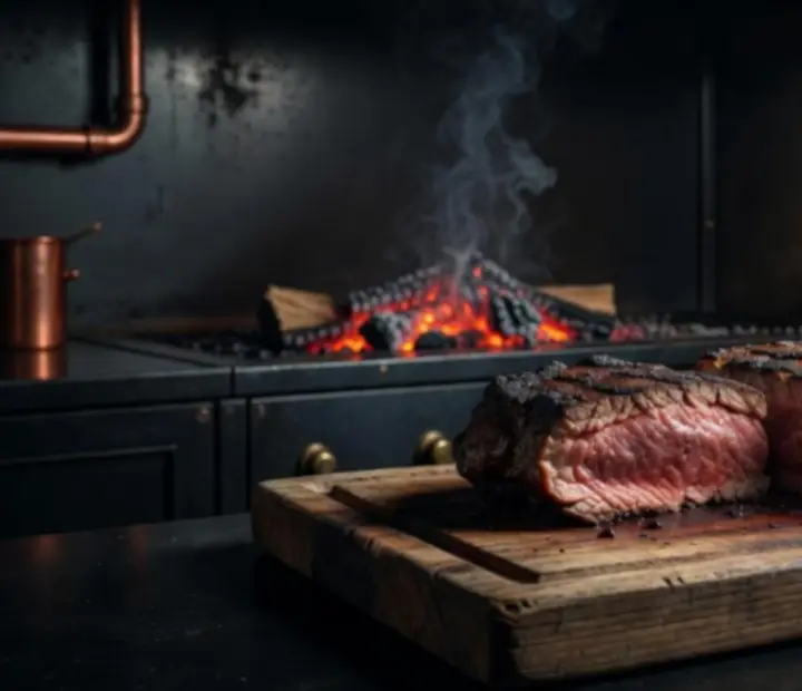 Close-up of artisan woodfired steak on raw wood board
