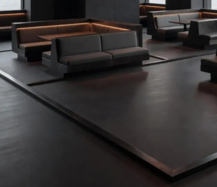 Industrial-chic restaurant interior with dark steel framing and warm lighting