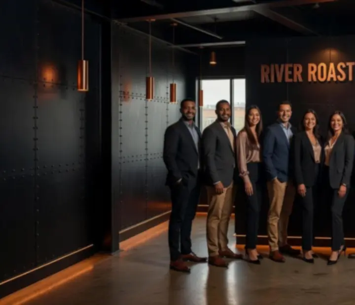 The River Roast Room leadership team standing together in the riverside dining room.