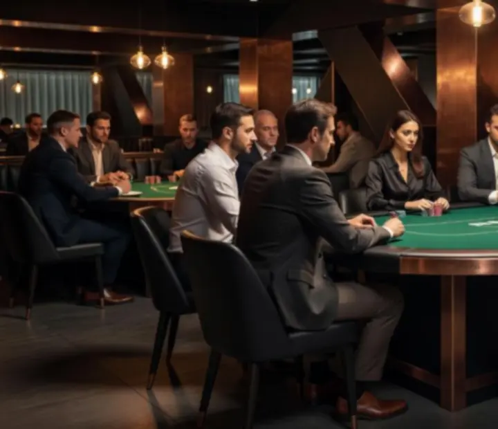 Private Texas Hold'em lounge with industrial finishes and felted tables