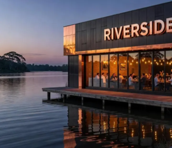 Exterior of River Roast Room, a dark industrial riverside restaurant in Australia