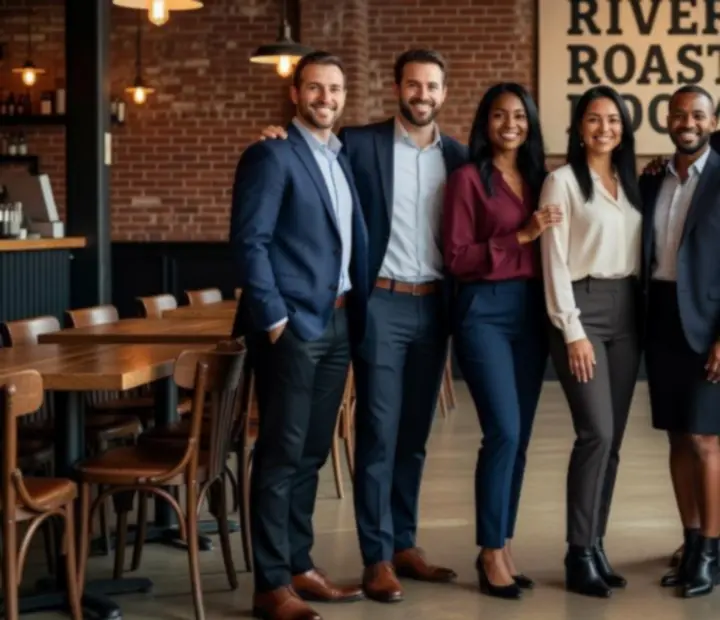 River Roast Room leadership team standing together inside the industrial riverside venue