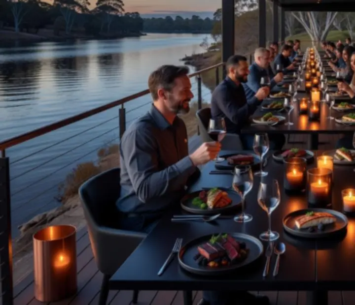 Riverside corporate dining setup with ambient lighting and plated slow-roasted dishes